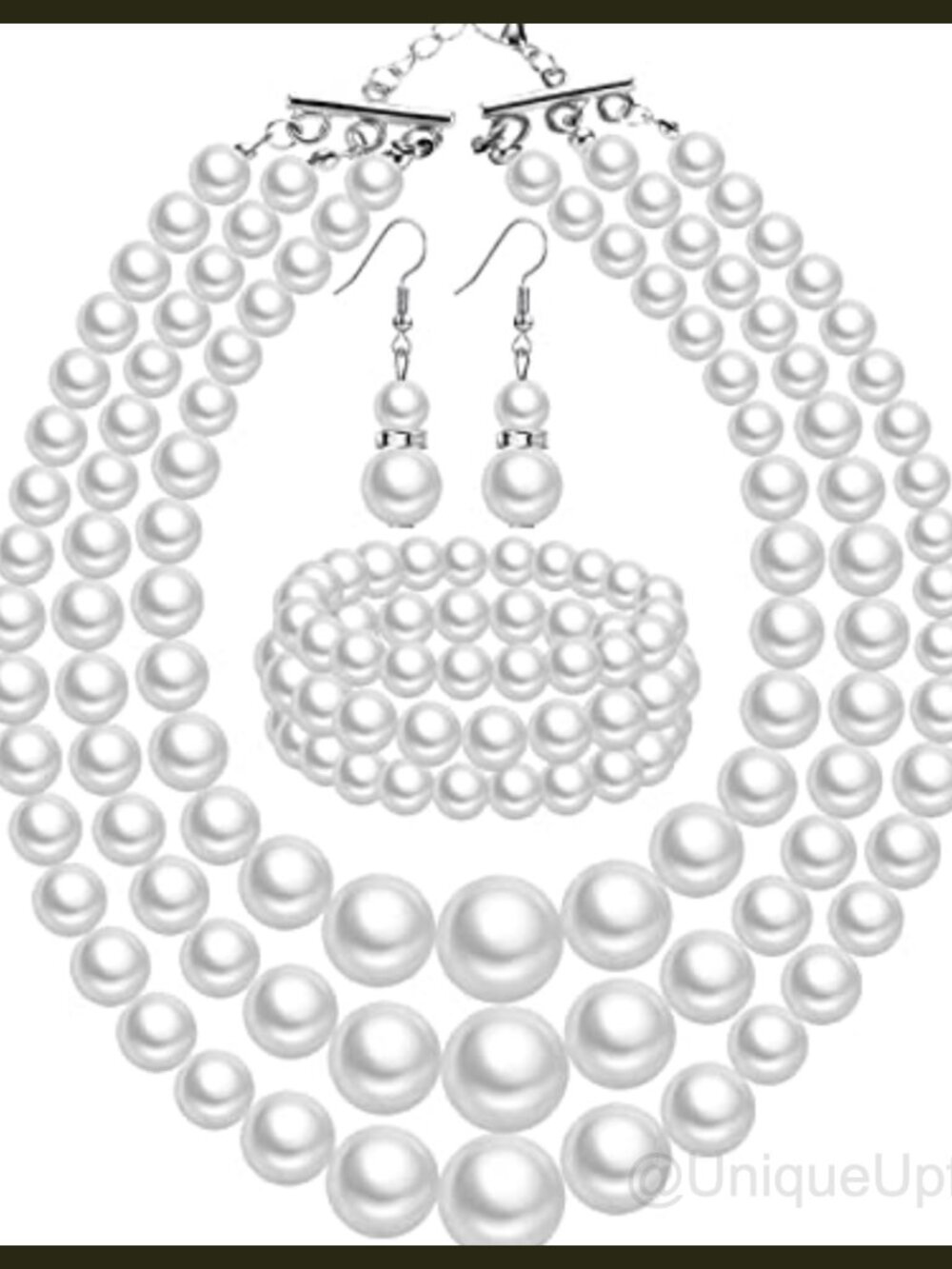 Pearl Jewelry Set Layered Necklace Bracelet Earrings Silver Tone